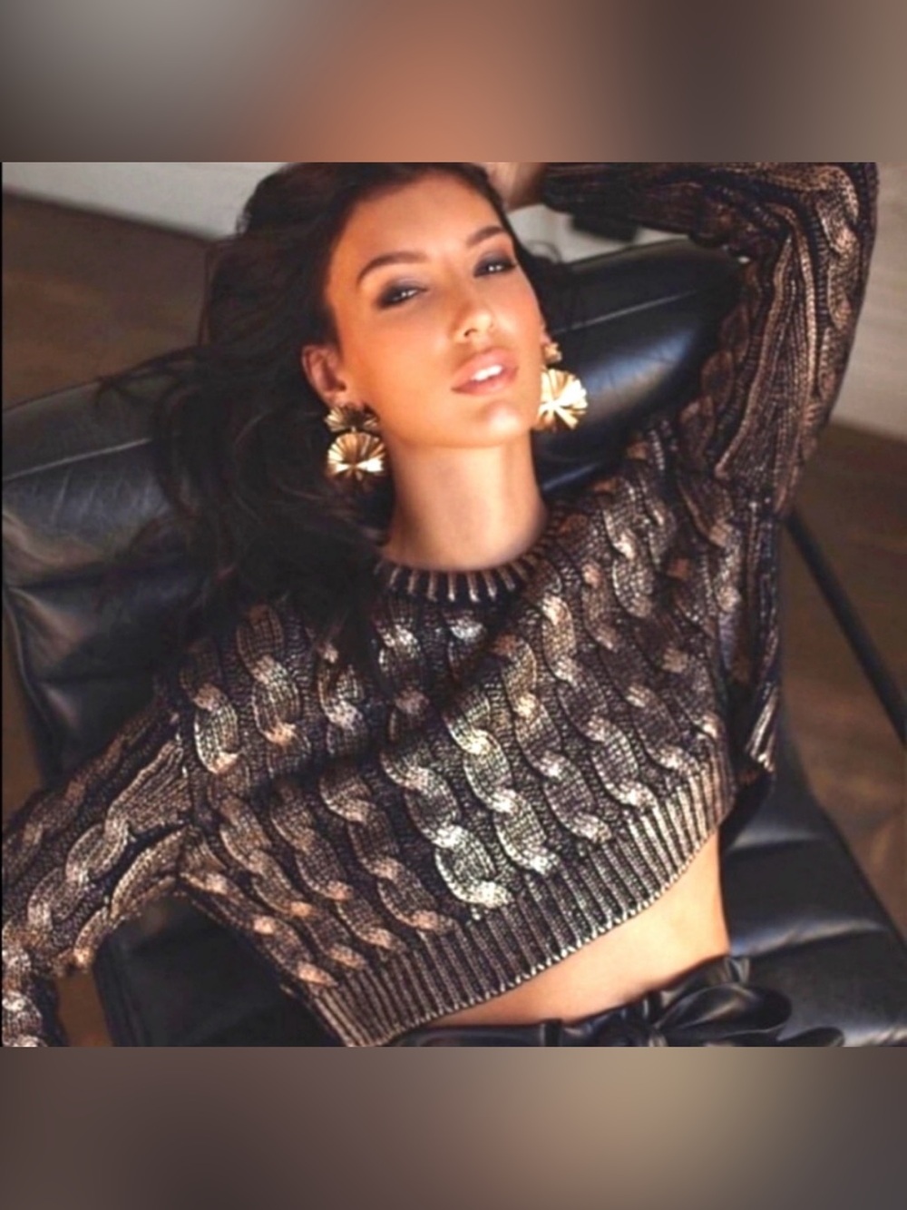 NWT: Zara Knit Metallic Black & Bronze Cable-Knit Cropped Foil Sweater, sz Small